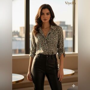 Viyella Green Women's Floral Wool Cotton Blend Top size 14